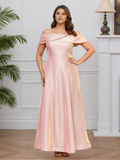 Roselledress plus size mother of the bride dress, glamorous rose gold glitter floor‑length gown with off‑the‑shoulder neckline A‑line skirt