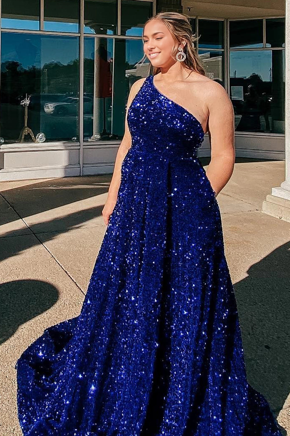 Roselledress royal blue plus size prom dress one shoulder sleeveless sequin a‑line gown with side pockets front view