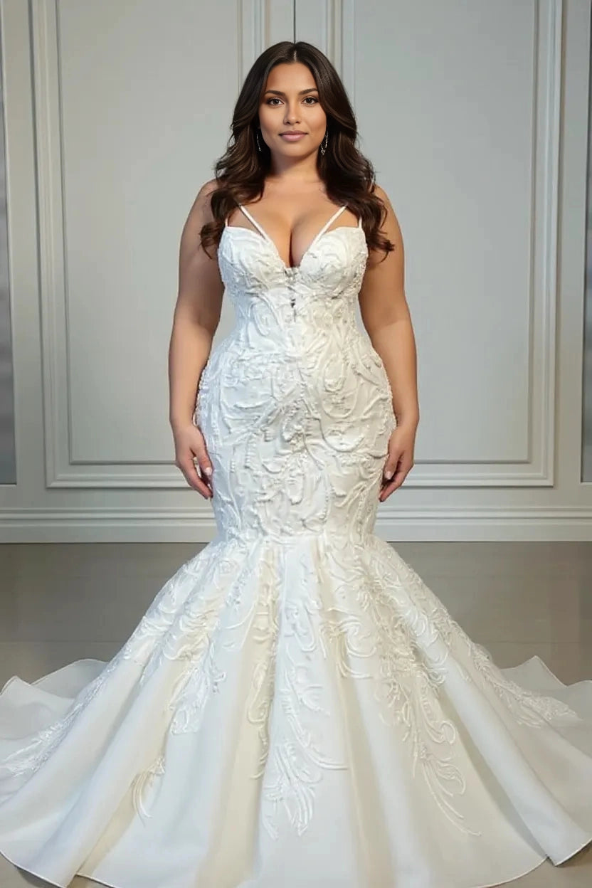 Roselledress plus size mermaid wedding dress deep v spaghetti strap heavy embroidery long train bridal gown