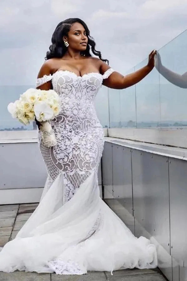 Roselledress plus size mermaid wedding dress off shoulder short sleeve geometric lace illusion mesh bridal gown