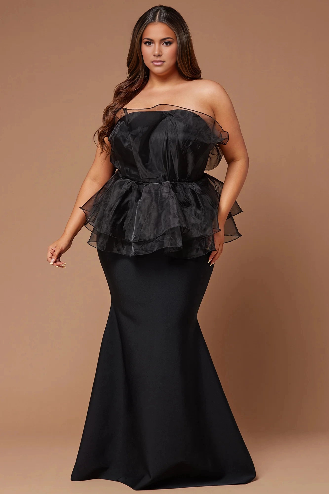 Roselledress black plus size prom dress strapless organza ruffle peplum mermaid gown front view