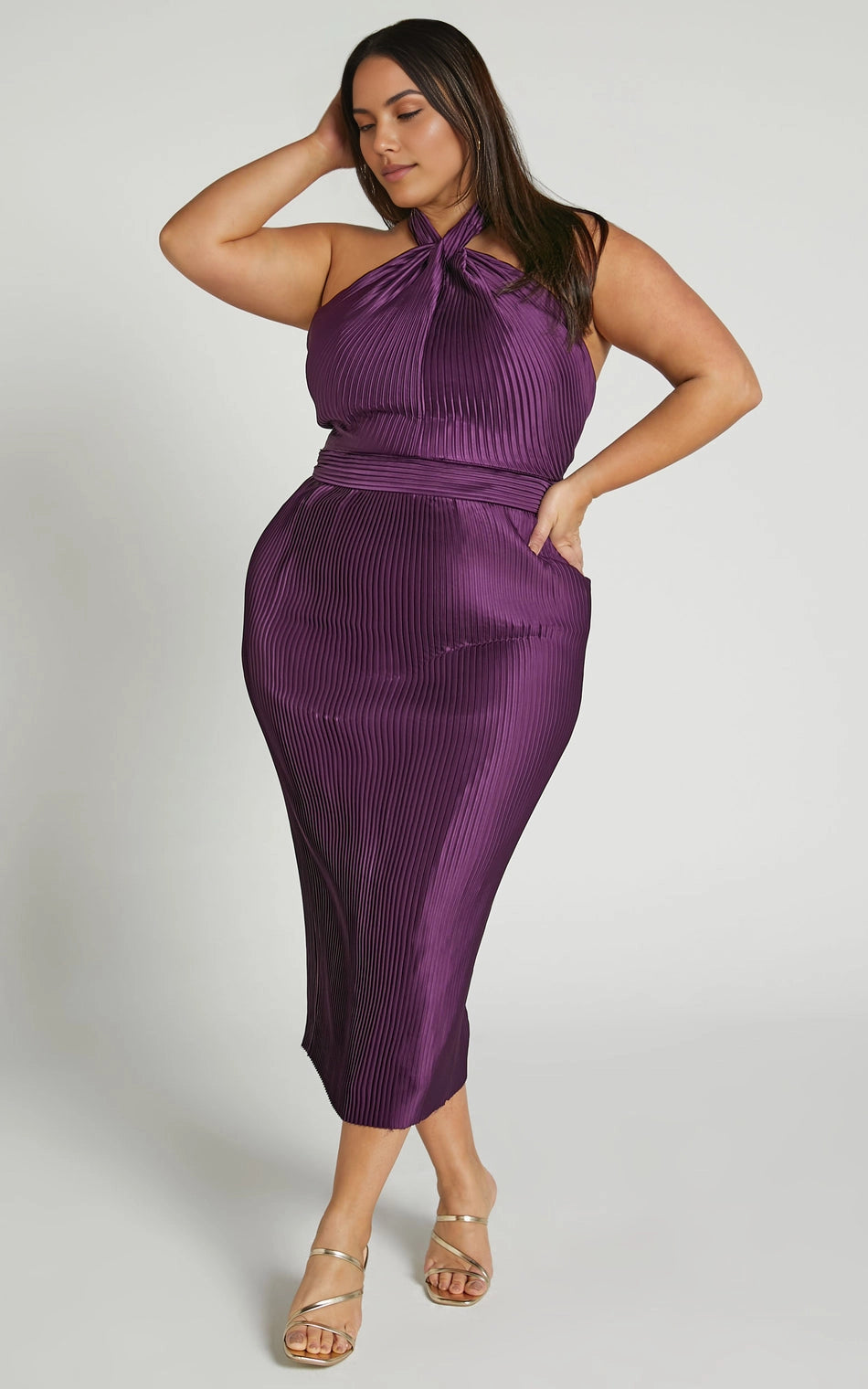 Roselledress plus size purple wedding guest dress,sheath pleated satin midi gown with twist halter neck sleeveless