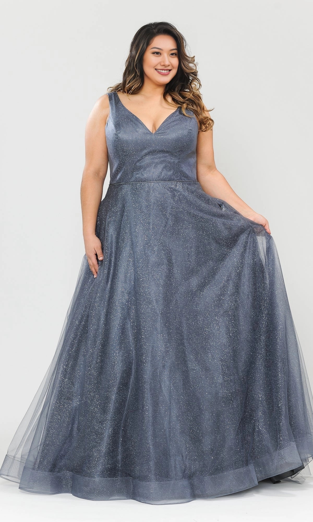 Roselledress slate blue plus size a-line glitter tulle prom dress v-neck sleeveless gown with side pockets front view