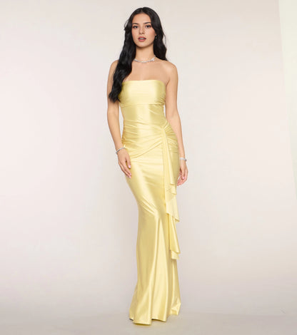 RoselleDress pale yellow satin strapless maxi prom dress, ruched waist side ruffle mermaid gown, plain open back formal bridesmaid evening dress