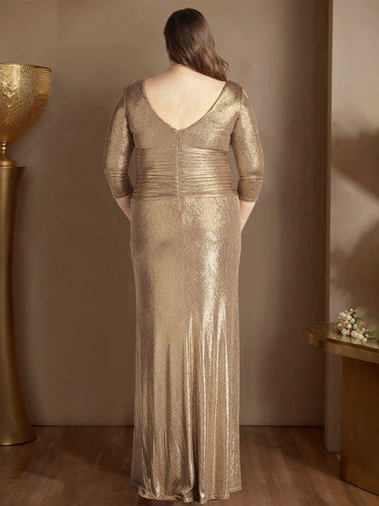 Back view RoselleDress shimmer gold evening dress ruched waist V-back floor length plus size wedding mother maxi dress