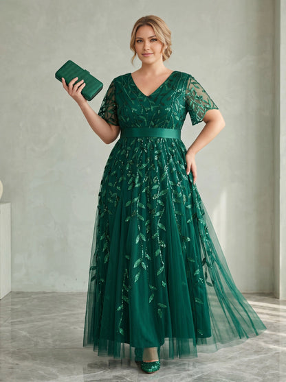 Roselledress dark green leaf sequin tulle plus size mother of bride dress front view, v neck short sleeve empire waist formal gown
