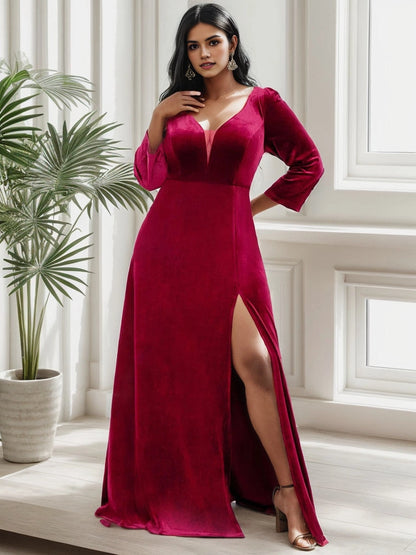 Roselledress burgundy velvet plus size mother of bride dress v neck 3/4 sleeve high slit floor‑length a‑line gown front view