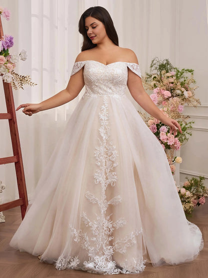 Roselledress plus size a‑line wedding dress sweetheart off‑shoulder champagne tulle vine lace applique bridal gown