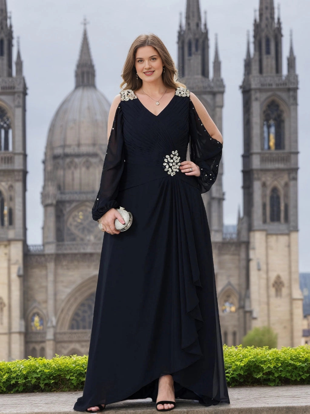 Roselledress plus size black mother of the bride dress,A‑line chiffon cold‑shoulder long gown with rhinestone floral decor