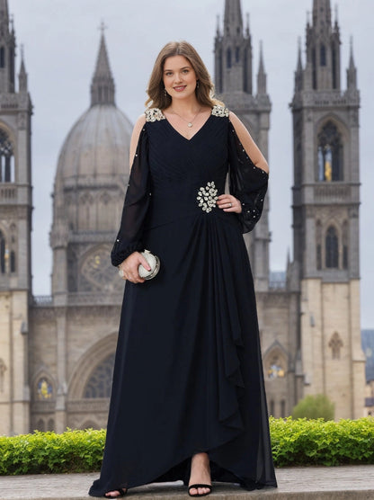 Roselledress plus size black mother of the bride dress,A‑line chiffon cold‑shoulder long gown with rhinestone floral decor
