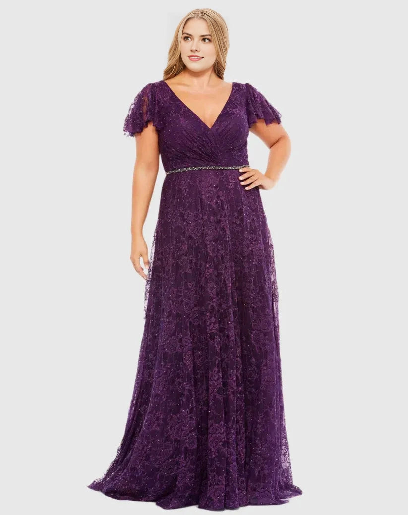 Roselledress purple plus size wedding guest dress v neck flutter short sleeve glitter lace a‑line train gown front view
