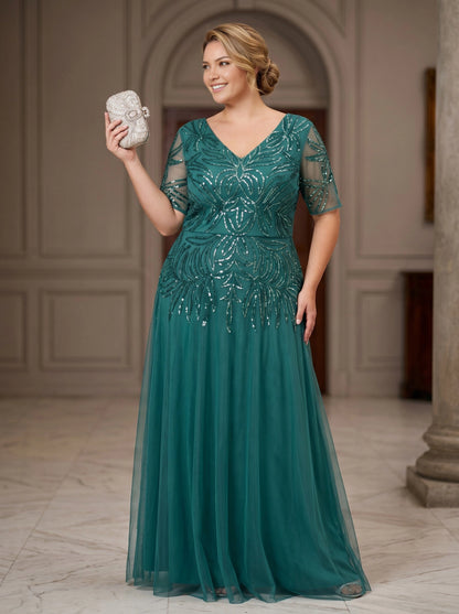 Roselledress emerald green sequin plus size mother of the bride dress front view, v neck short sleeve tulle a-line formal gown