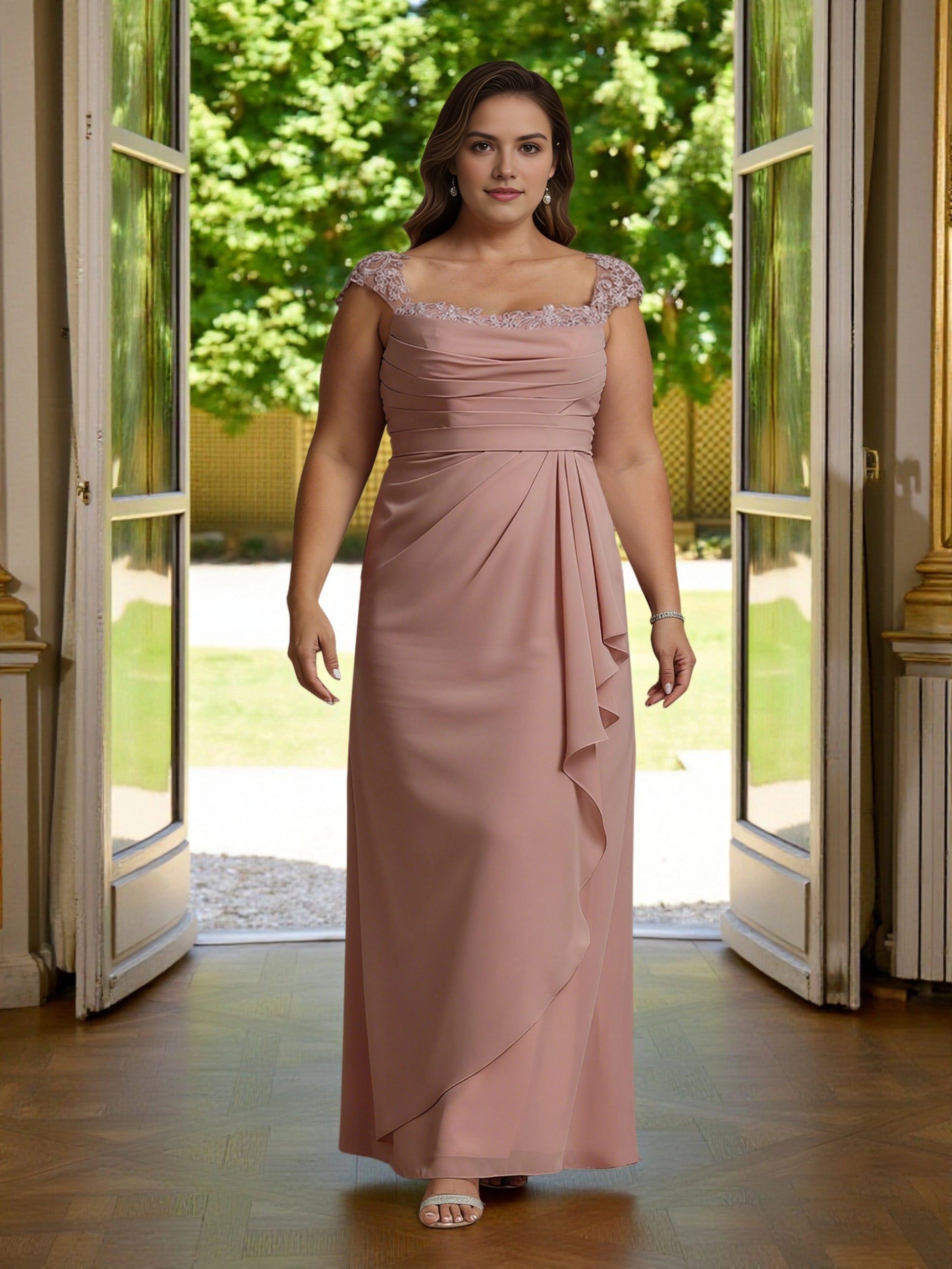 Roselledress dusty rose plus size mother of the bride dress front view, lace cap sleeve draped mermaid long formal gown