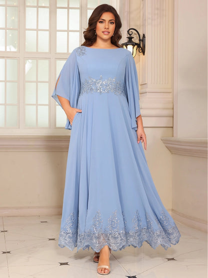 roselledress light blue plus size mother dress bateau neck cape sleeve with pockets sequin lace chiffon a‑line floor gown