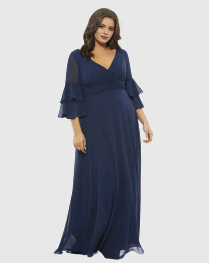 Roselledress navy blue plus size bridesmaid dress v‑neck double bell sleeve chiffon a‑line gown front view