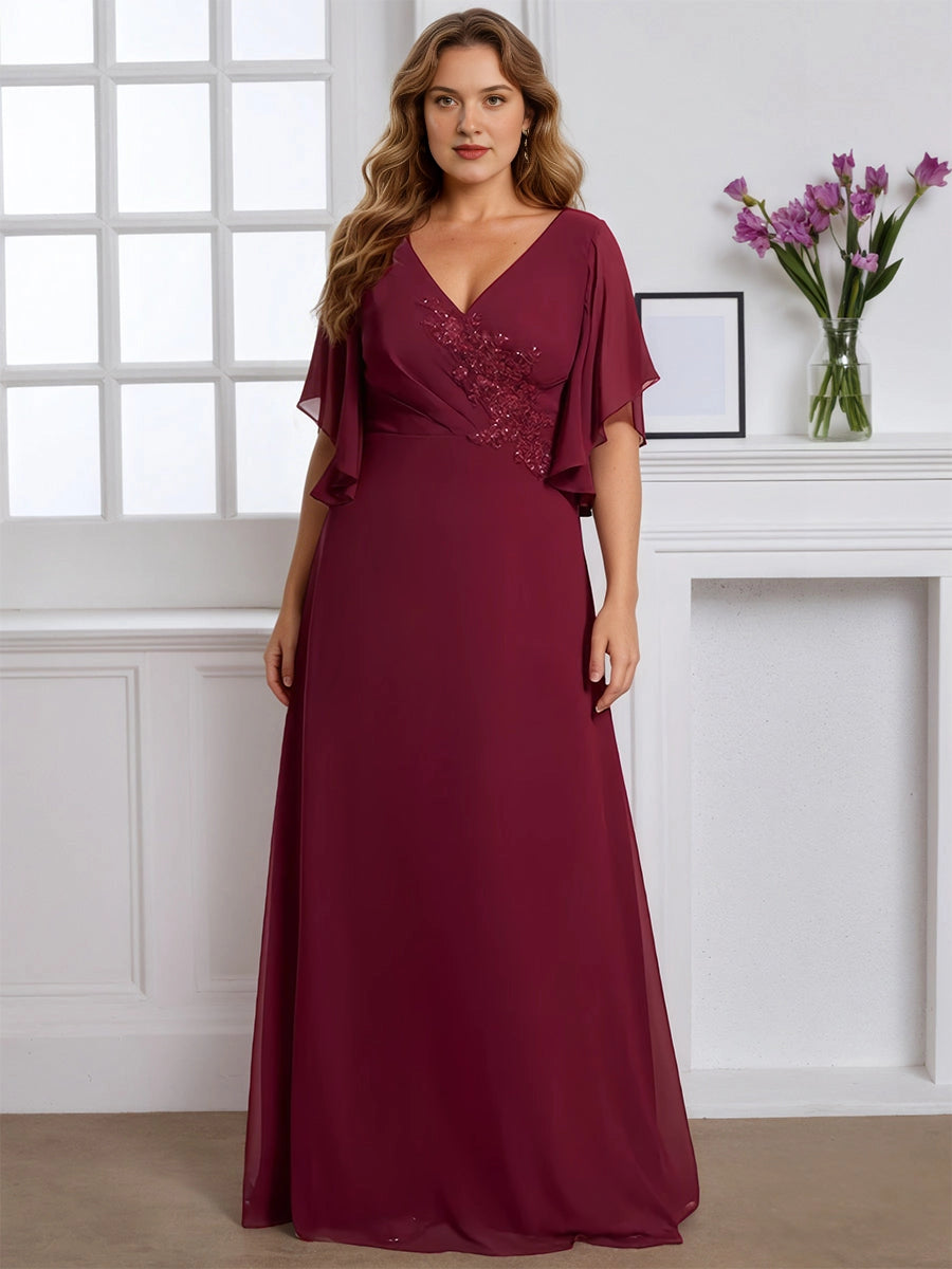 Roselledress plus size burgundy mother of the bride dress,A‑line chiffon flutter sleeve v neck formal evening gown