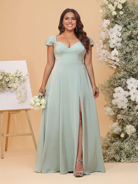 roselledress sage green a‑line bridesmaid dress v‑neck flutter sleeve high slit smooth fabric floor‑length plus size gown
