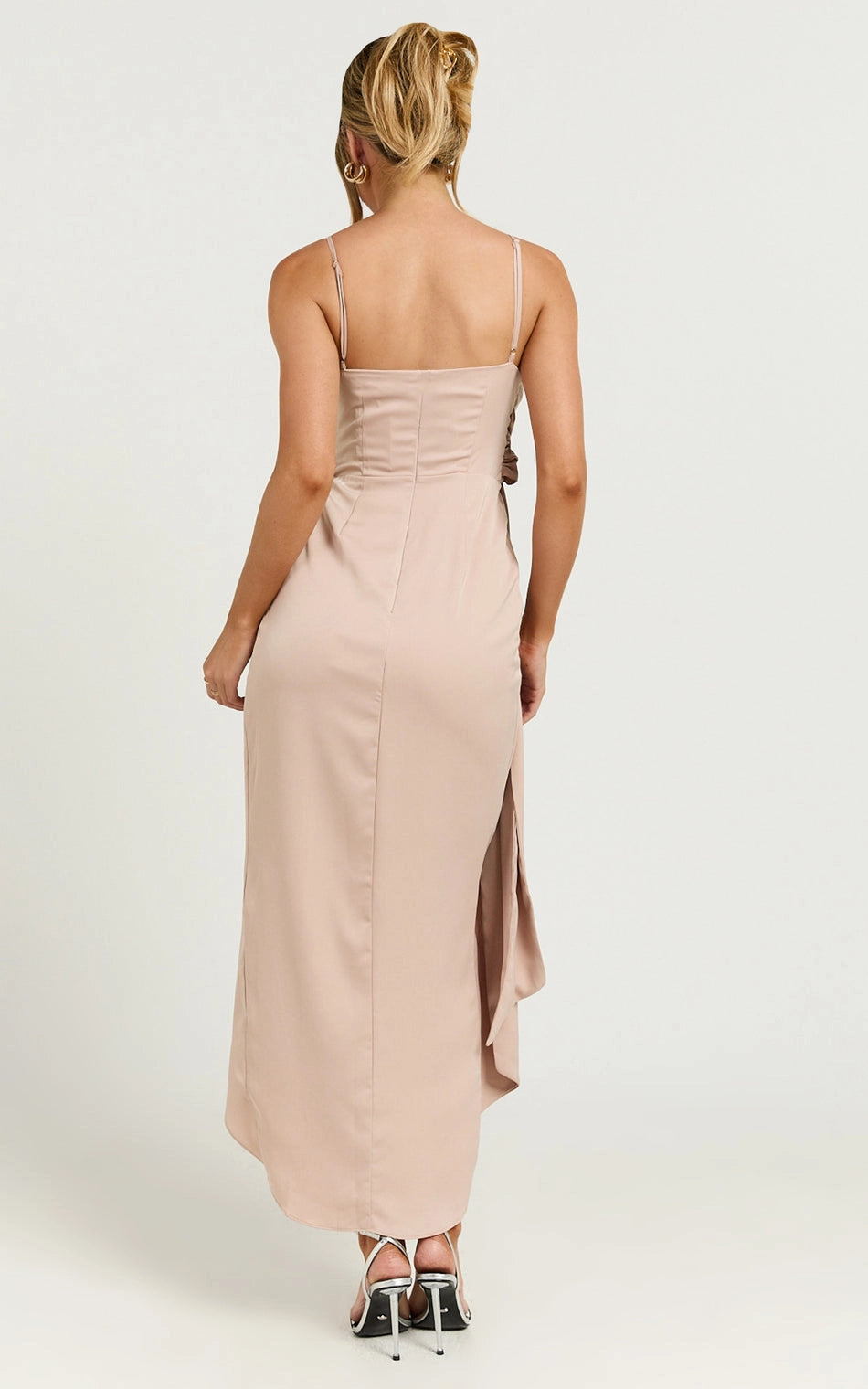 Spaghetti Strap Wrap V Neck Tie Waist Satin Midi Plus Size Bridesmaid Dress