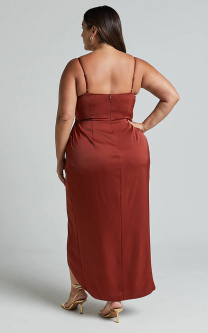Roselledress adjustable strap satin midi plus size dress back view, low back zipper formal wedding guest dress