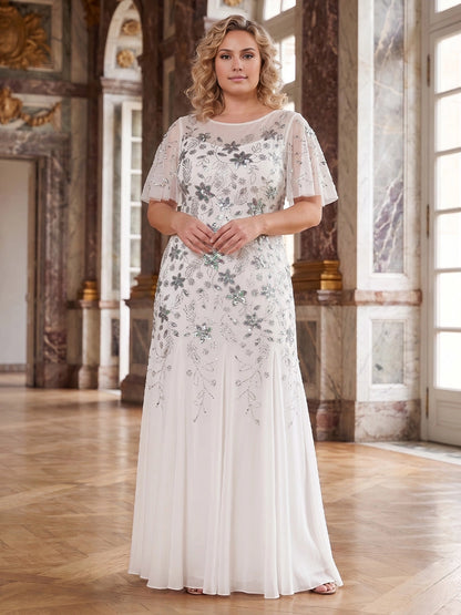Roselledress ivory plus size mother of the bride maxi dress front view, illusion round neck flutter sleeve gown with floral beaded embroidery