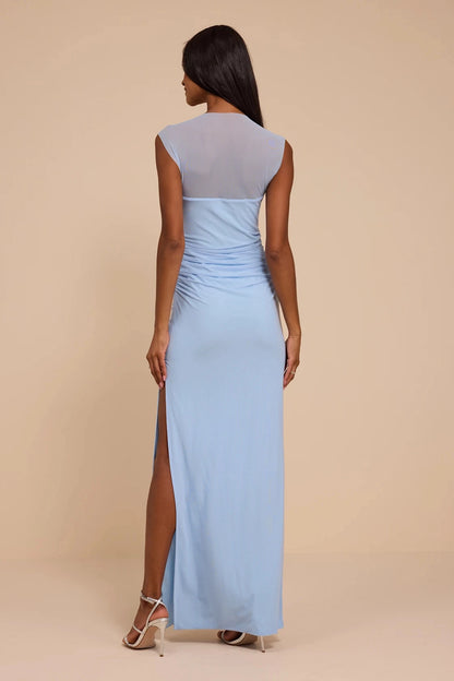 Slim Maxi Mesh Cap Sheer Back Ruched Long Prom Dress