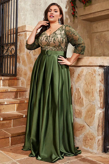 Roselledress plus size olive green mother of the bride dress front view,3/4 sleeve lace embroidery satin a‑line formal gown