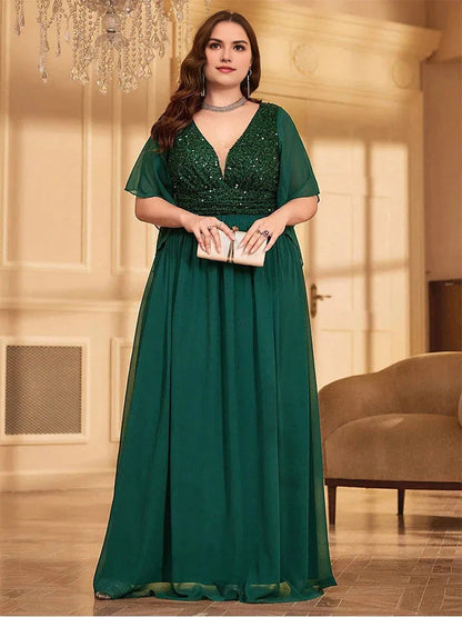 Roselledress emerald green plus size wedding guest dress v neck sequin bodice flutter sleeve floor‑length a‑line gown front view