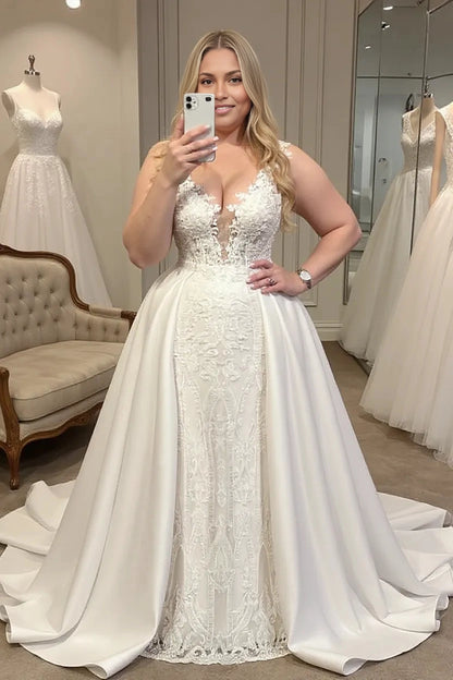 Roselledress plus size 2 in1 wedding dress deep v neck sleeveless lace satin detachable overskirt bridal gown