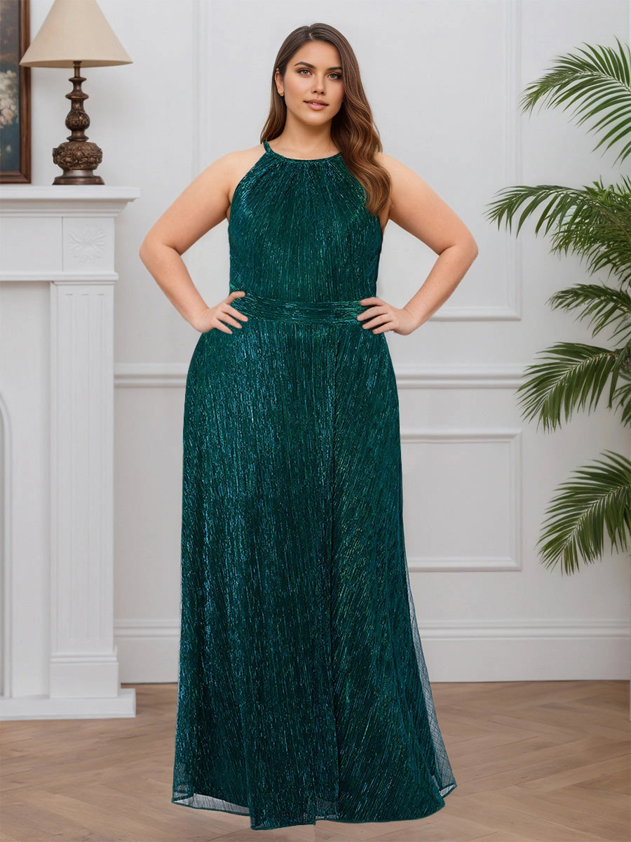 Roselledress plus size mother of the bride dress, emerald green metallic glitter floor‑length gown with halter neck high waist A‑line skirt