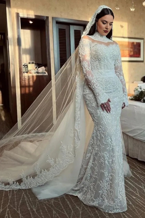 Roselledress plus size mermaid wedding dress high neck long sleeve beaded lace cathedral train modest bridal gown