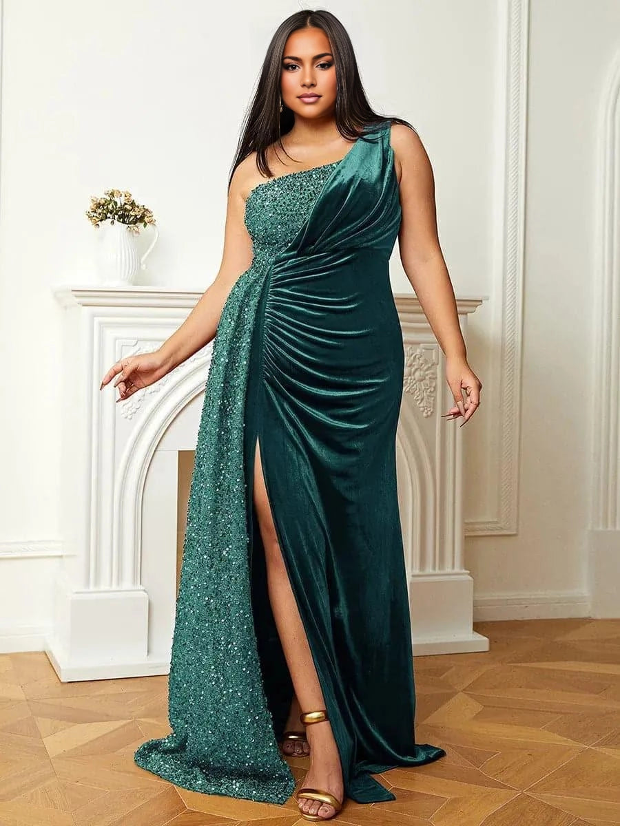 Roselledress emerald green plus size prom dress one shoulder velvet mermaid gown sequin drape high slit front view
