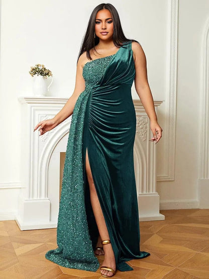 Roselledress emerald green plus size prom dress one shoulder velvet mermaid gown sequin drape high slit front view