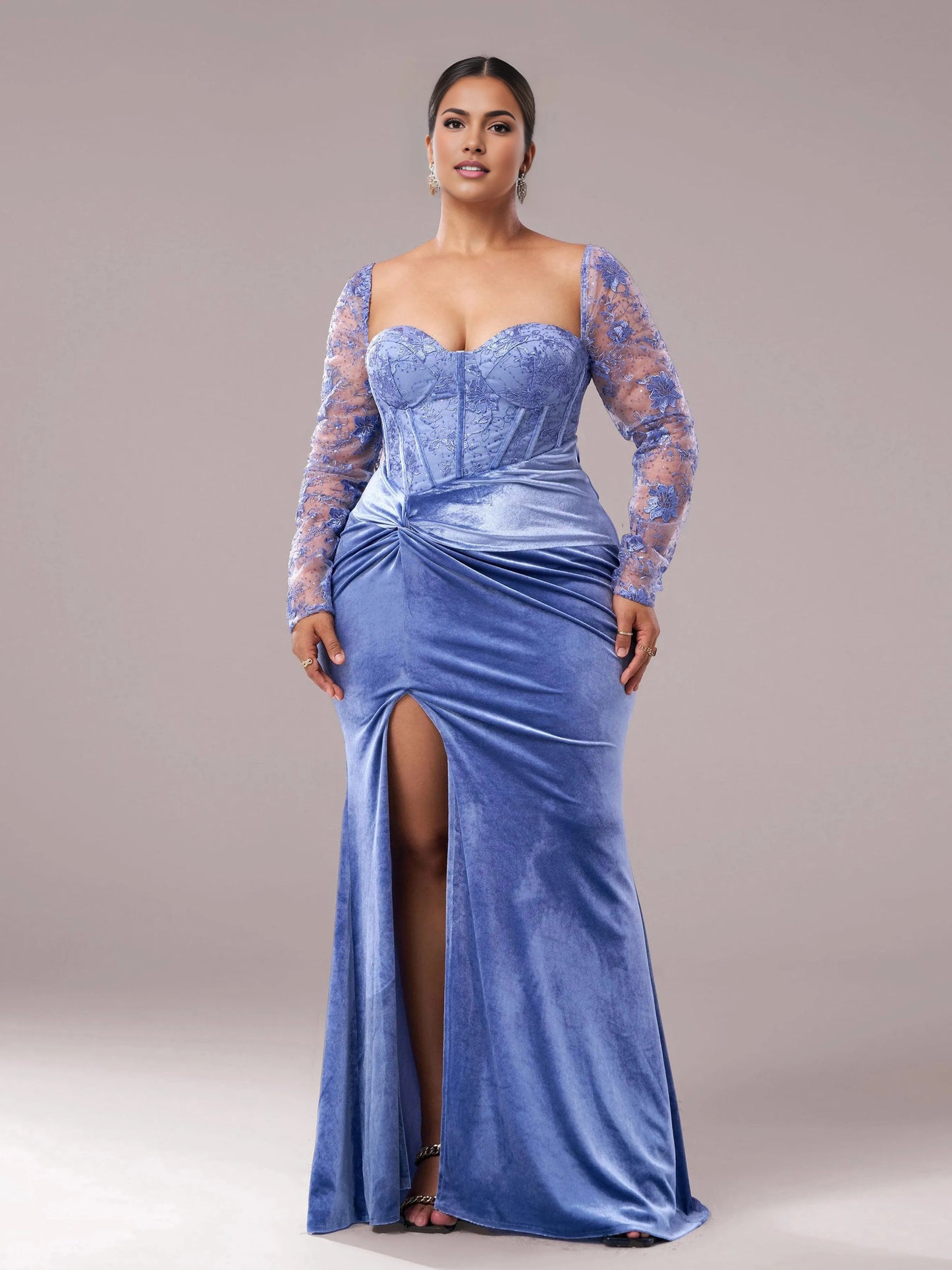 Roselledress dusty blue plus size prom dress sweetheart long lace sleeve velvet mermaid gown front view