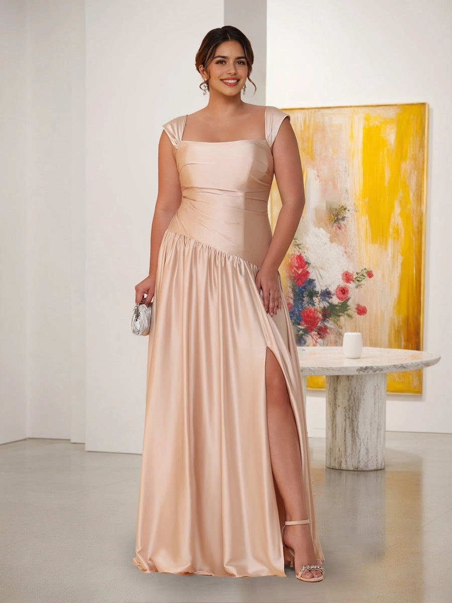 Roselledress blush satin plus size bridesmaid dress square neck ruched bodice side slit gown front view
