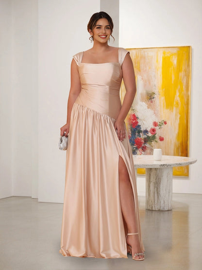 Roselledress blush satin plus size bridesmaid dress square neck ruched bodice side slit gown front view