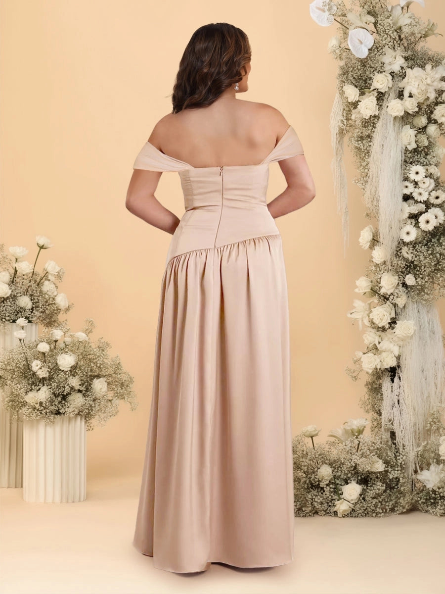 Roselledress nude plus size convertible off shoulder satin formal dress zipper back wedding guest dress back view