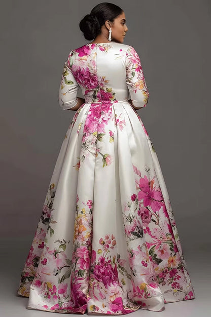 Roselledress floral satin mother of bride gown plus size square back zipper formal wedding guest maxi dress back view