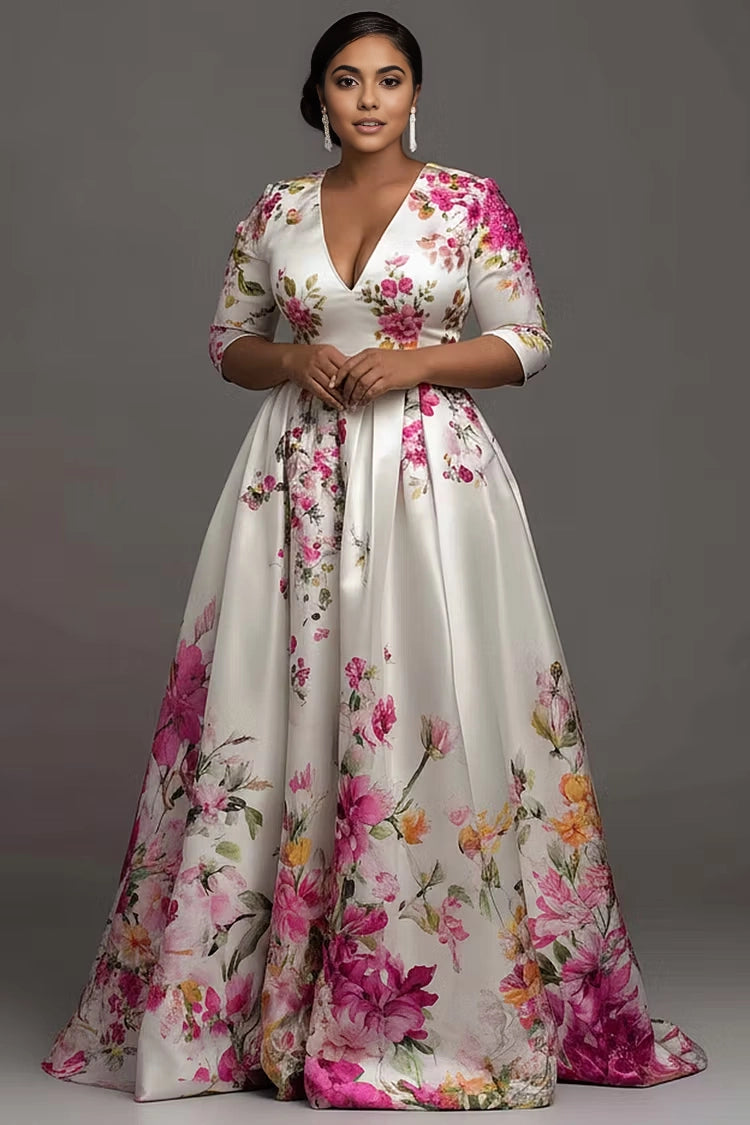 Roselledress white floral print plus size ball gown deep v three quarter sleeve satin a-line evening dress with sweep train front view