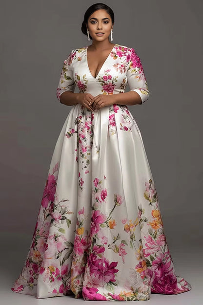 Roselledress white floral print plus size ball gown deep v three quarter sleeve satin a-line evening dress with sweep train front view