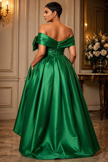 Roselledress green satin formal gown off shoulder ruched back zipper plus size high low party dress back view