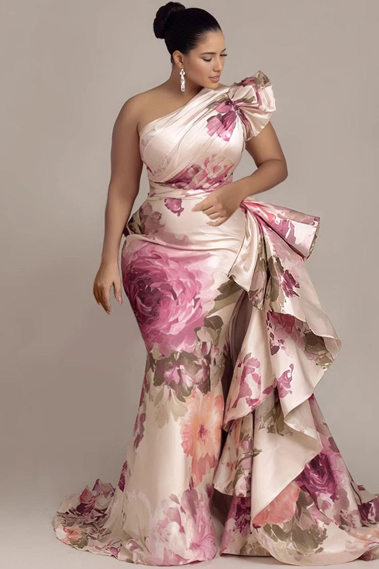Roselledress blush floral print plus size mermaid gown one shoulder ruffle detail wrap waist side cascade ruffle high slit satin maxi dress front view