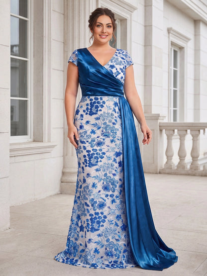 Roselledress blue floral plus size mother of the bride gown front view, asymmetrical satin wrap v-neck short sleeve mermaid dress with long satin sash train