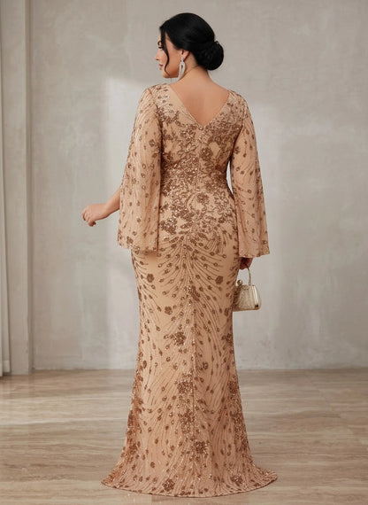 Roselledress champagne sequin mermaid formal dress back view, v-back zipper plus size mother of the bride long gown
