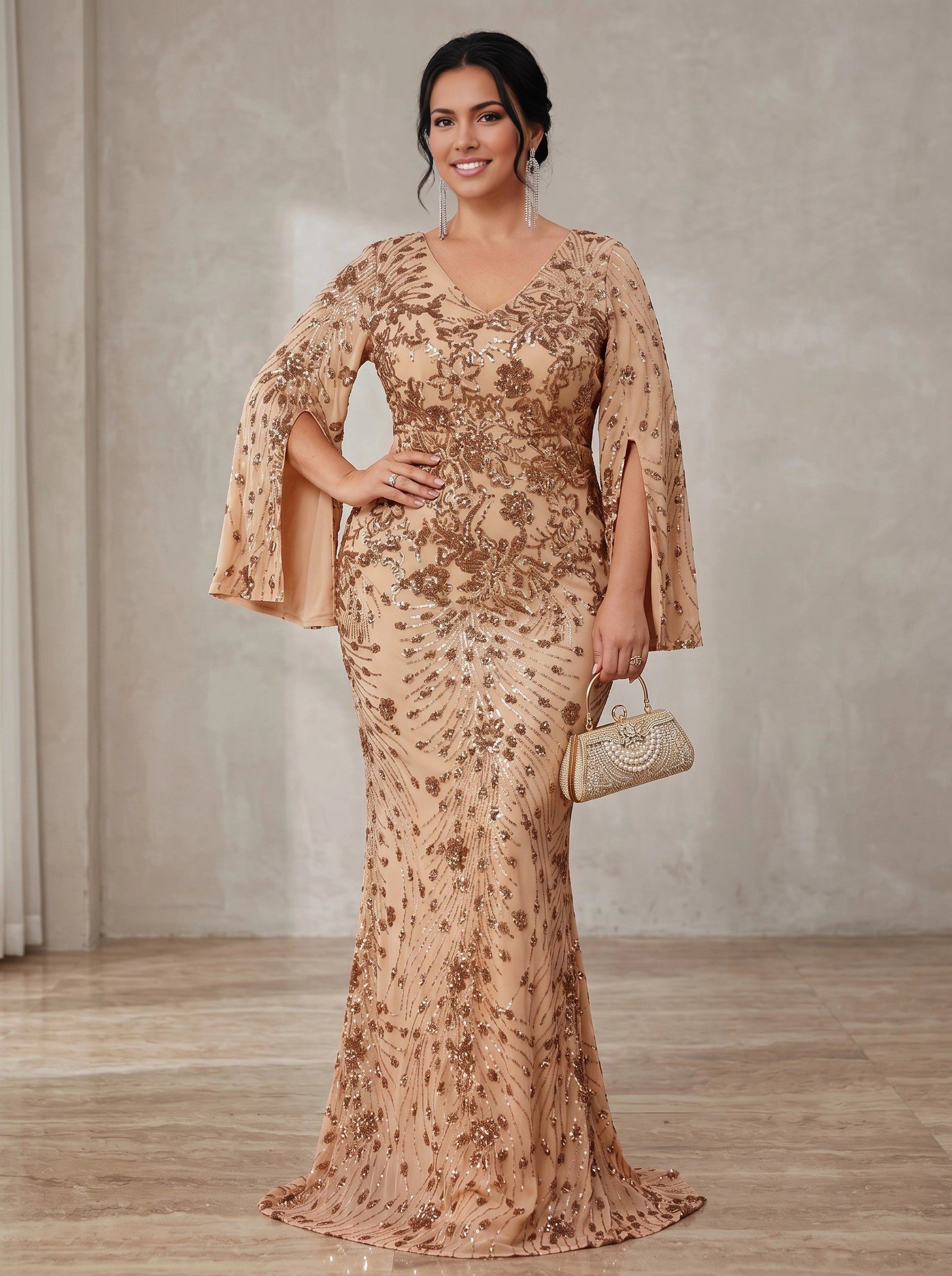 Roselledress champagne gold sequin plus size wedding guest dress front view, v-neck split bell sleeve mesh mermaid evening gown