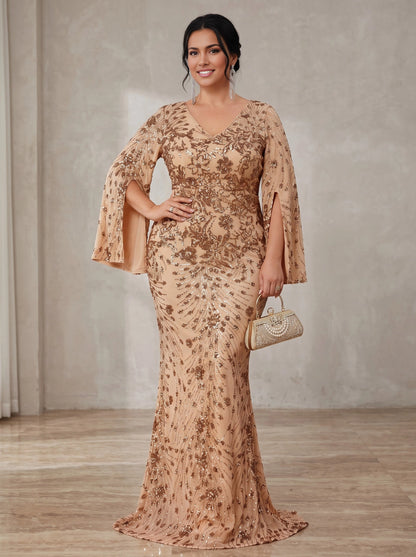 Roselledress champagne gold sequin plus size wedding guest dress front view, v-neck split bell sleeve mesh mermaid evening gown