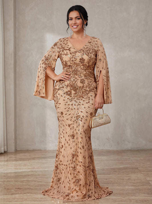 Roselledress champagne gold sequin plus size wedding guest dress front view, v-neck split bell sleeve mesh mermaid evening gown