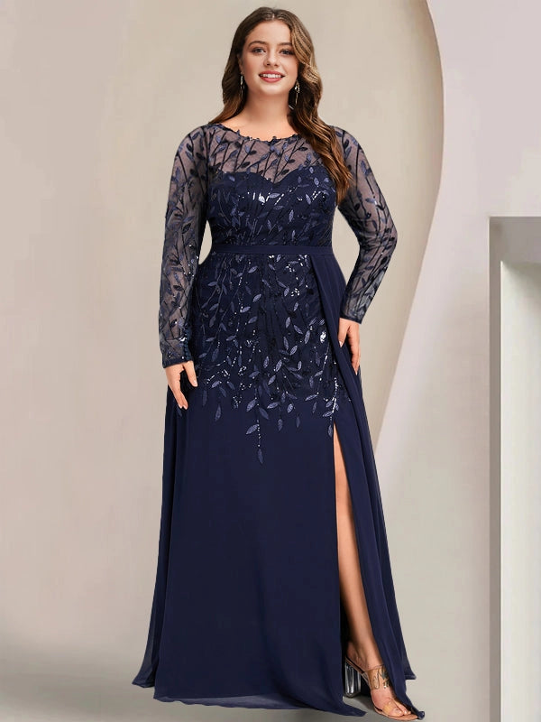 Roselledress navy plus size mother of the bride dress long sleeve mesh sequin embroidery chiffon slit formal evening gown
