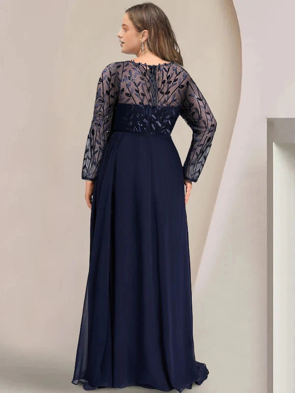 Roselledress curvy navy formal dress bateau mesh back zipper sequin long sleeve wedding mother gown