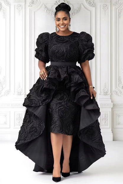 Roselledress black plus size high low evening gown textured 3D rose puff sleeve round neck formal dress front view