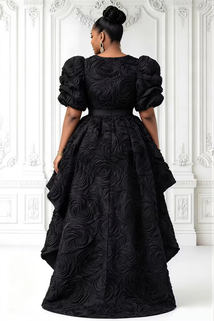 Roselledress black textured floral party dress back zipper plus size high low church gown back view